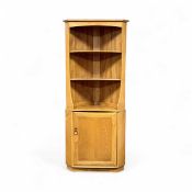 ERCOL LIGHT ELM FREE STANDING CORNER CUPBOARD, open section with two shelves over single door