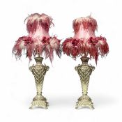 ELABORATE PAIR OF TABLE LAMPS, gilded composite stands, pink satin shades embellished with