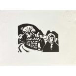 SIR KYFFIN WILLIAMS RA (1918-2006) linocut - 'Woman in Lane', unsigned, RCA embossed, 25 x 35cms