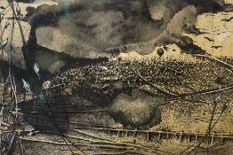 LESLEY BARKER watercolour and collage - 'Gathering Storm (1)', signed, 10 x 15cms Comments: framed