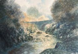 JEREMY YATES (b. 1947) acrylic on canvas - 'Sky, Bridge, River', signed and dated 2024, 55 x 74cms