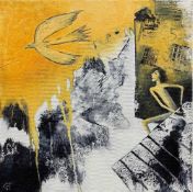 GILLY THOMAS (b. 1948) acrylic on canvas - 'Golden Bird', signed, 30 x 30cms