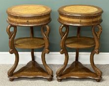 PAIR OF UNUSUAL OVAL THREE-TIER SIDE TABLES, inlaid and banded with exotic woods, swan neck carved