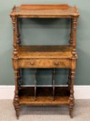 VICTORIAN WALNUT THREE-TIER WHATNOT, turned and carved columns, drawer to the centre section, 106 (