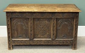 CARVED OAK BLANKET BOX with triple panel front, 50 (h) x 87 (w) x 37cms (d) Provenance: private