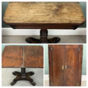 19TH CENTURY MAHOGANY TEA TABLE, fold-over top with polished interior, turned column to the