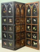 QUALITY ARTS & CRAFTS THREE-PANEL DRESSING SCREEN, burr walnut frame, ebonised panels hand-painted