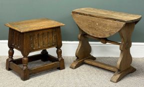 SMALL OAK DROP-LEAF OCCASIONAL TABLE, 53 (h) x 29 (w) x 61cms (d); and Priory style box stool with