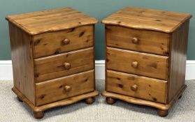 PAIR OF SATIN PINE BEDSIDE THREE-DRAWER CHESTS, with shaped tops, 62 (h) x 50 (w) x 41cms (d)