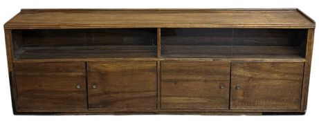 RETRO WALNUT LONG SIDEBOARD, four glass sliding doors over four door base unit, 85 (h) x 246 (w) x