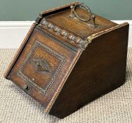 EDWARDIAN OAK COAL BOX, sloping hinged front, metal carrying handle, 40 (h) x 34 (w) x 48cms (d)