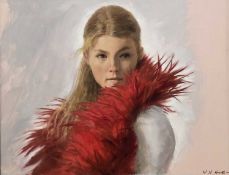 HARRY HOLLAND (b. 1941) oil on board - Young Lady with Boa, signed, 29 x 37cms Provenance: donated