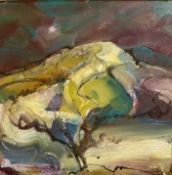 ELIZABETH HAINES (b. 1945) oil on board - entitled 'Dim ond Lleuad Borffor, from the Poem by Hedd