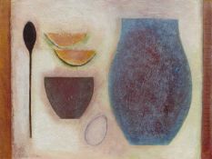 VIVIENNE WILLIAMS (b. 1955) acrylic on paper - Blue Jar with Egg and Spoon, 29.5 x 40cms Provenance: