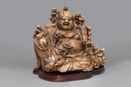Große chinesische Specksteinfigur „Lachender Budhai mit Kindern“