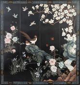Chinesischer Stellschirm (4-flügelig) als Wandbild montiertschwarz lackiertes Holz mit