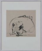 Japanische Tuschefederzeichnung¨meditierender Mönch mit Fächer¨, wohl Meiji-Periode (1868-1912), l.