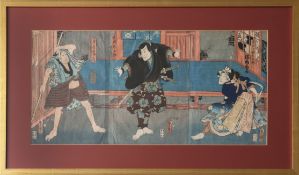 UTAGAWA KUNISADA I (1786-1864) Farbholzschnitt "Kabuki Schauspieler"drei Schauspieler im japanischem