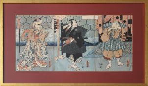 UTAGAWA KUNISADA I (1786-1864) Farbholzschnitt "Kabuki Schauspieler"drei Schauspieler im japanischem