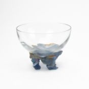 Daum Nancy glass bowl on pâte de verre glass foot with fish/aquarium decoration, Grande Modèle