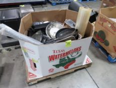 crate of misc kitchen equipment