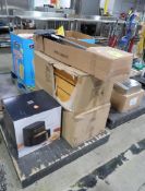 pallet of misc- wooden crate displays, hand brooms, air fryer