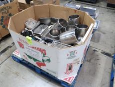 crate of misc kitchen equipment- stainless & plastic pans, etc