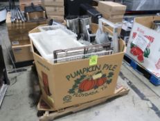 crate of misc kitchen equipment- stainless & plastic pans, etc