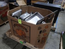 crate of stainless pans & soup pots
