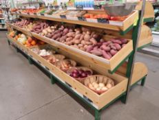 produce merchandising racks w/ wooden boxes, angled shelves