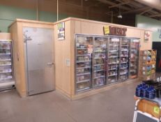 walk-in freezer w/ 5) merchandising doors & shelves, w/ raised floor