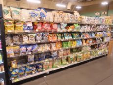 Lozier shelving uprights, base, & wire shelving for chip bags, 16' run