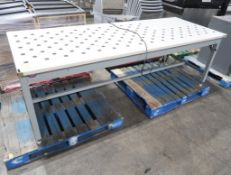 wooden table on steel frame w/ air-lift rollers & hand valve