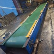 Belt Conveyor, approx. 8.5m long, with 1m wide flat belt and drive, loading free of charge - yes,