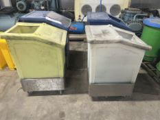 Four Product Storage Bins, on stainless buggies, approx. 60cm x 45cm x 60cm, lift out and loading