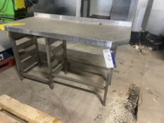 Table, with shelf rack on one side and up stand along back, approx. 1.5m x 0.67m x 0.9m high, lift