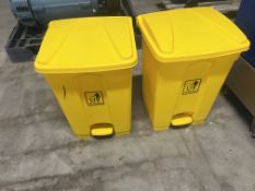 Two Yellow Lidded Storage Bins, foot operated opener, approx. 40cm x 40cm x 57cm high, lift out