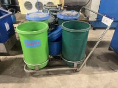 Five Plastic Storage Bins, with lids on mobile trolley, lift out and loading charge + VAT £20 Please