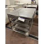 Mobile Work Station, with racks below holding six perforated trays, tray size approx. 60cm x 85cm
