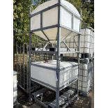 Two Plastic Tanks, on galvanised frames, with fork guides, approx. 1.1m x 1.1m x 1.4m high, lift out