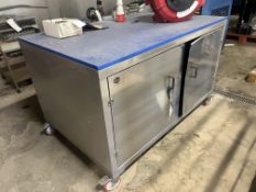 Four Cupboard Lockable Work Station/ Bench, mobile with plastic cutting top, approx. 1.5m x 1m x 0.