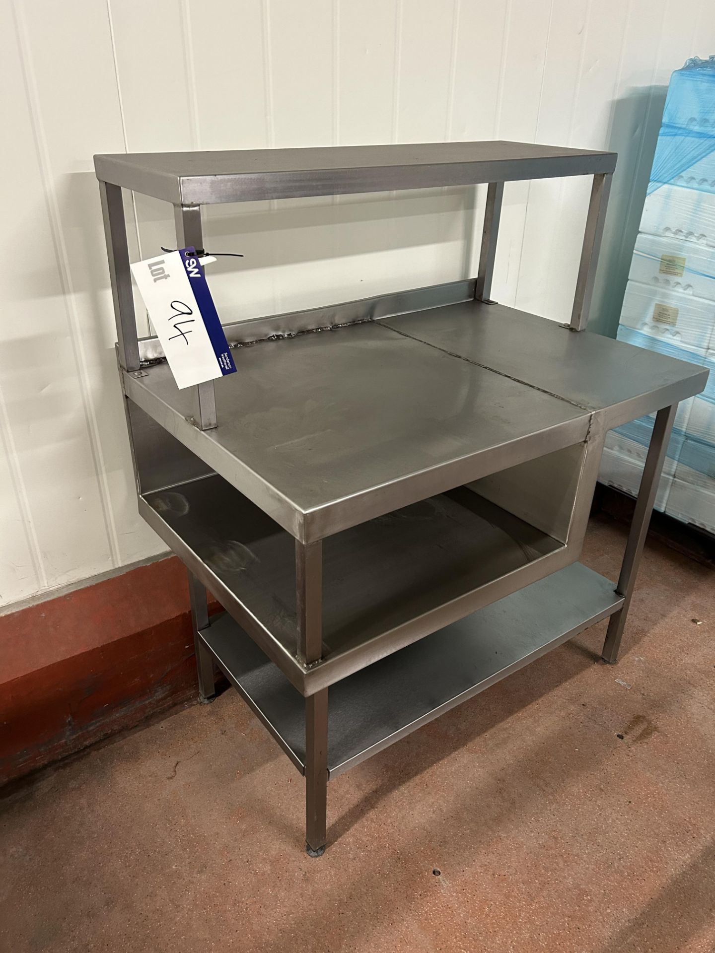 Table, with high shelf and two under shelves, approx. 1.05m x 0.7m x 1.25m high, lift out and