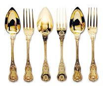 Fünf Dessertgabeln und fünf Dessertlöffel. Paris, 19. Jh., Familie Queillé | Silber, vergoldet.