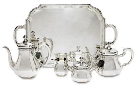 Kaffee- und Teeservice auf Tablett, 5tlg. Schwäbisch Gmünd, 20. Jh., Jakob Grimminger | Silber.