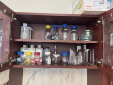 Lot of Contents of Cabinet (All Photoed), Includes Graduated Cylinders, Beakers, and Media Bottles