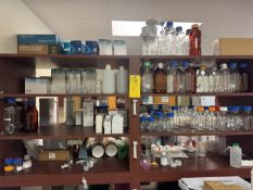 Lot of Contents of Shelf (All Photoed), Includes Media Botles, Beakers