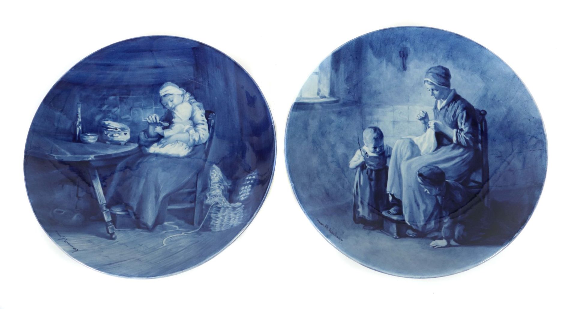 2 Delfter-Wandteller mit Blaumalerei