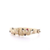 Estate 14k Yellow Gold Leaf Textured Multi-Gemstone Bangle Bracelet