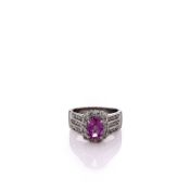 Estate Le Vian 18k White Gold Oval Pink Sapphire and Diamond Halo Ring