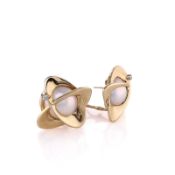 Estate 14k Yellow Gold Orbital Design Mabe Pearl Diamond Pierced/Clip-On Earrings